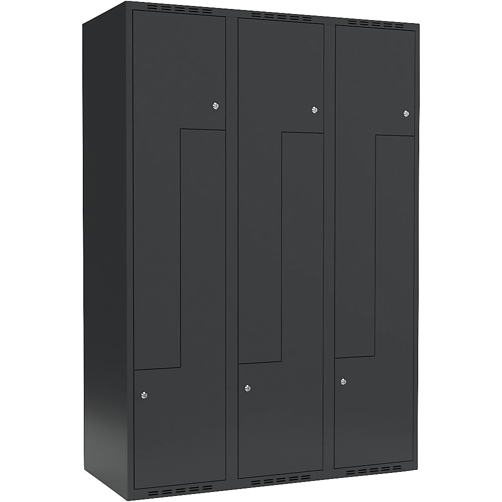 kaiserkraft Z-Spind Fydor, 3 Abteile, anthrazit, B 1200 mm, 3 Abteile, flache Dachform, Zylinderschloss