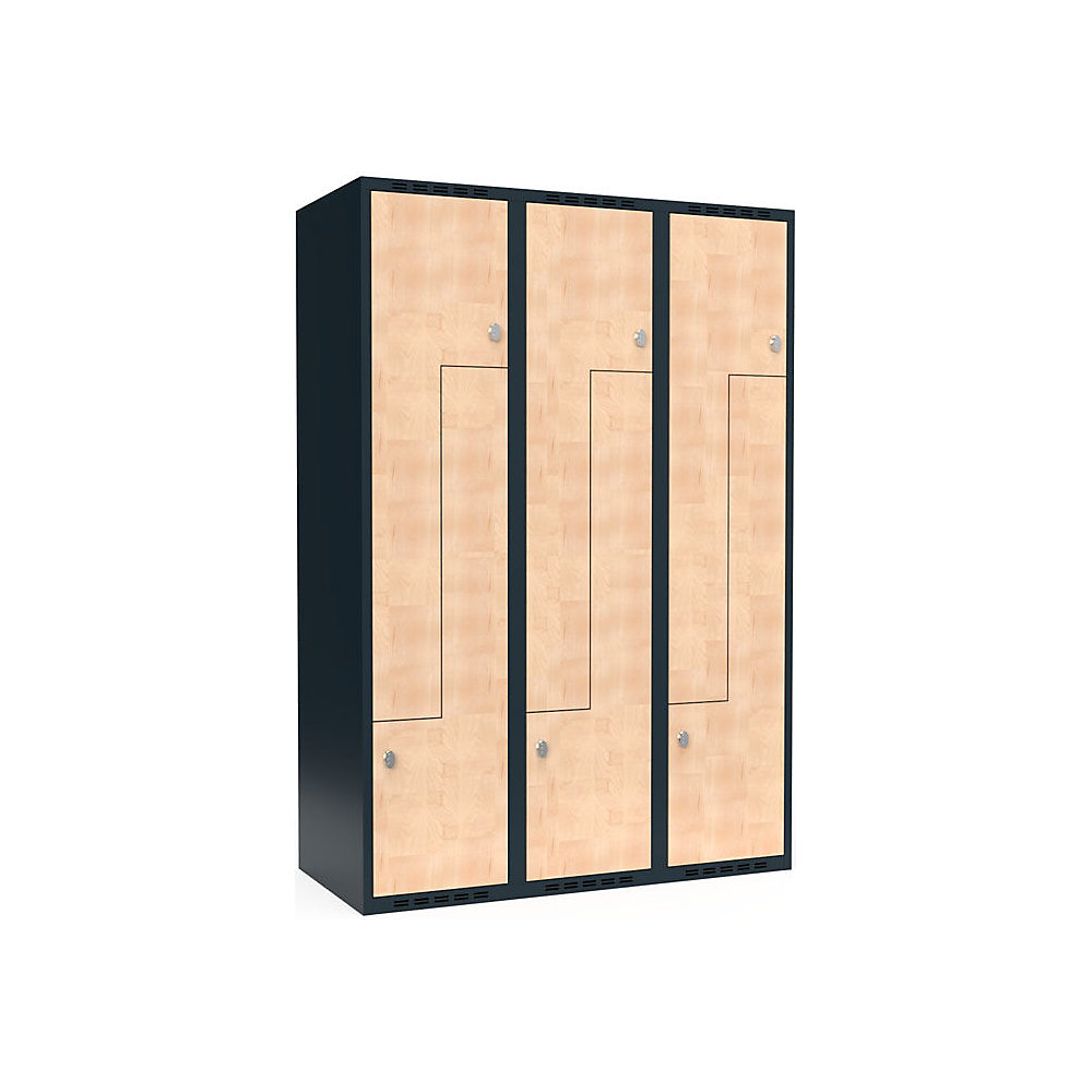 Taquilla para ropa Fydor, compartimentos en forma de Z, gris / abedul, A 1200 mm, 3 compartimentos, techo plano, candado