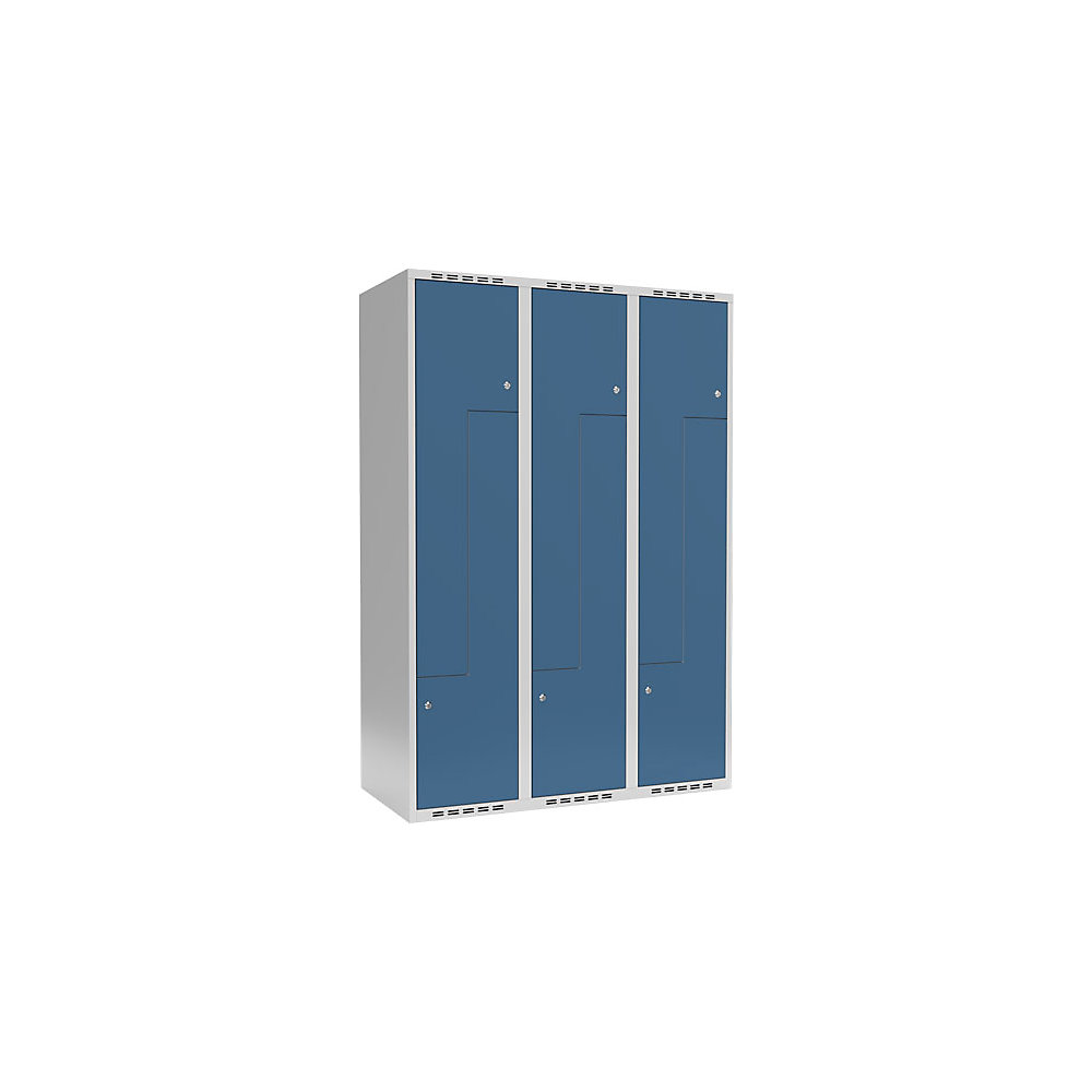 Taquilla para ropa Fydor, compartimentos en forma de Z, gris luminoso / azul brillante, A 1200 mm, 3 compartimentos, techo plano, cerradura de cilindro