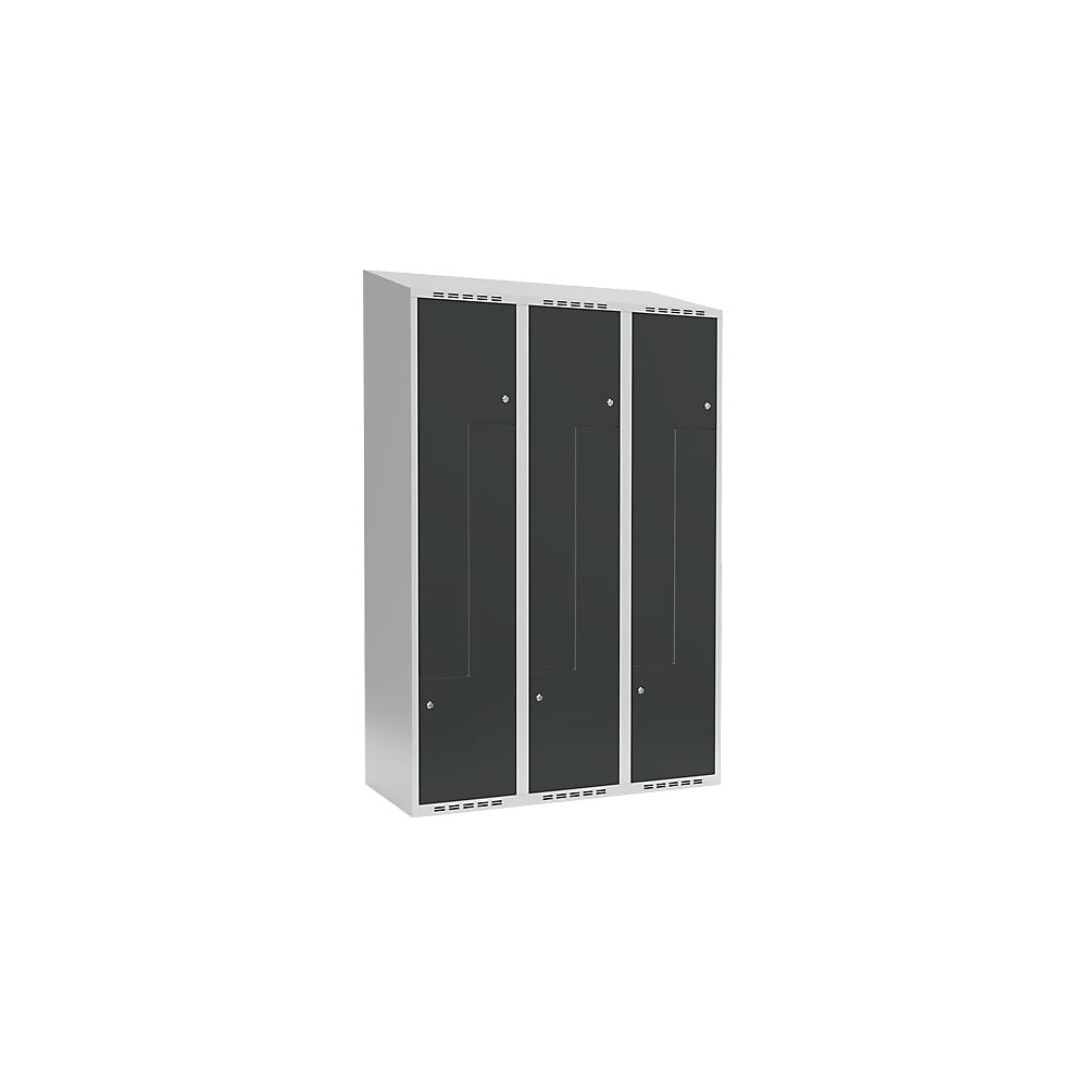 Taquilla para ropa Fydor, compartimentos en forma de Z, gris, A 1200 mm, 3 compartimentos, techo inclinado, cerradura de cilindro