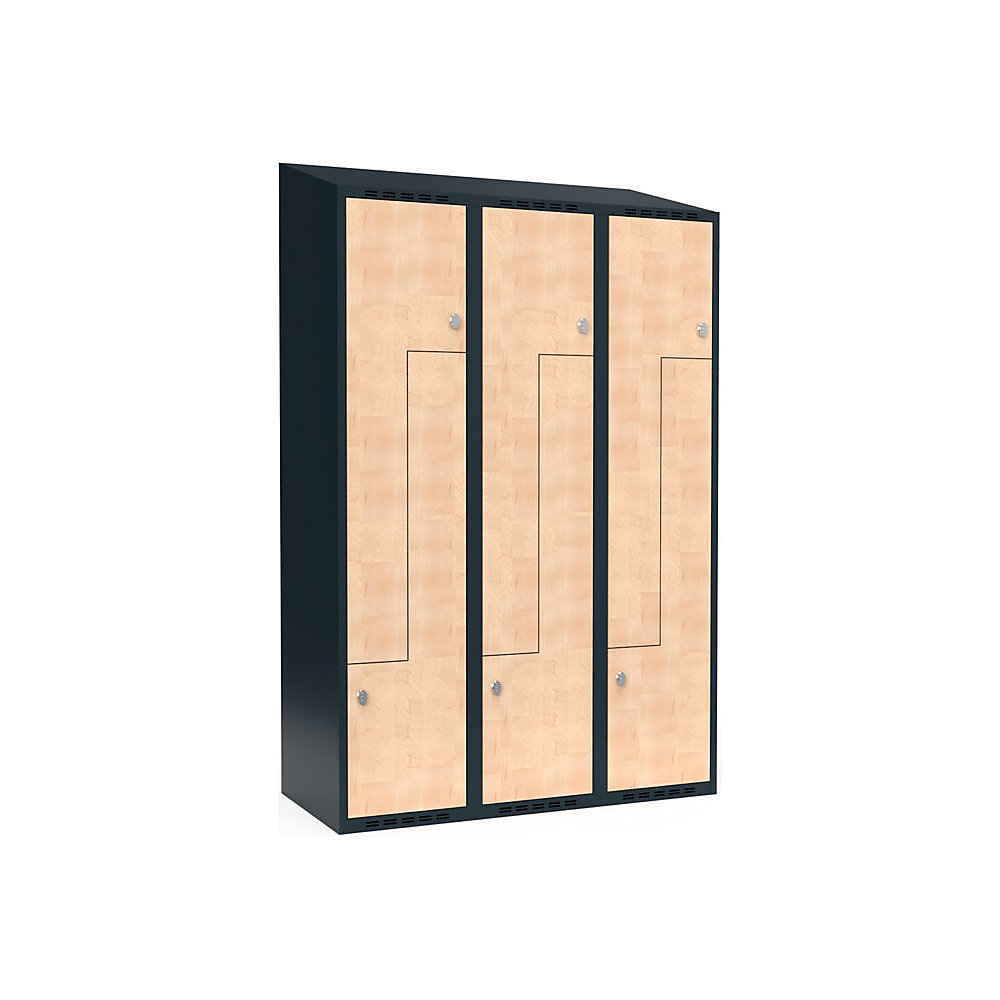 Taquilla para ropa Fydor, compartimentos en forma de Z, gris / abedul, A 1200 mm, 3 compartimentos, techo inclinado, candado