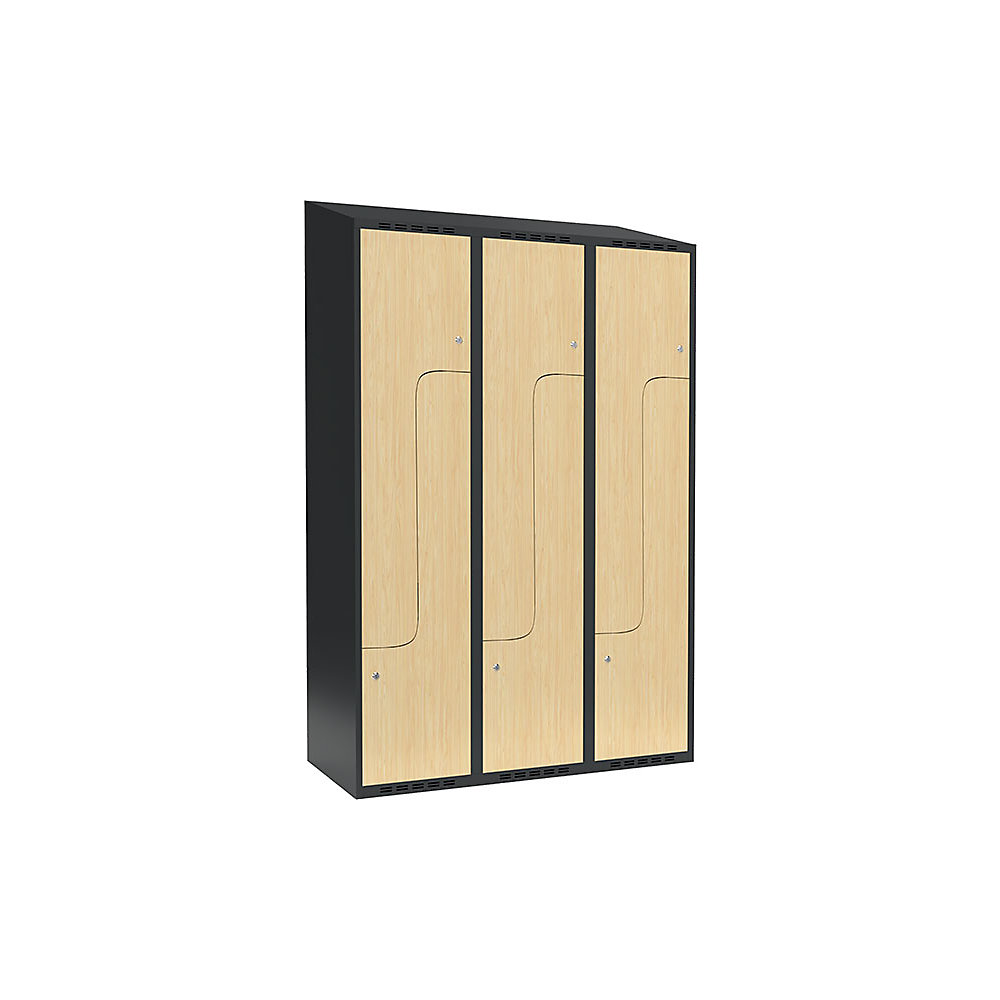 Taquilla para ropa Fydor, compartimentos en forma de Z, gris / abedul, A 1200 mm, 3 compartimentos, techo inclinado, cerradura de cilindro