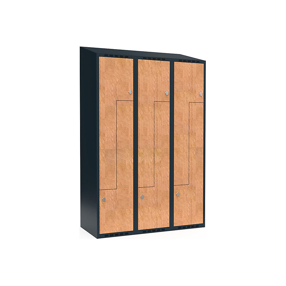 Taquilla para ropa Fydor, compartimentos en forma de Z, gris / roble, A 1200 mm, 3 compartimentos, techo inclinado, candado