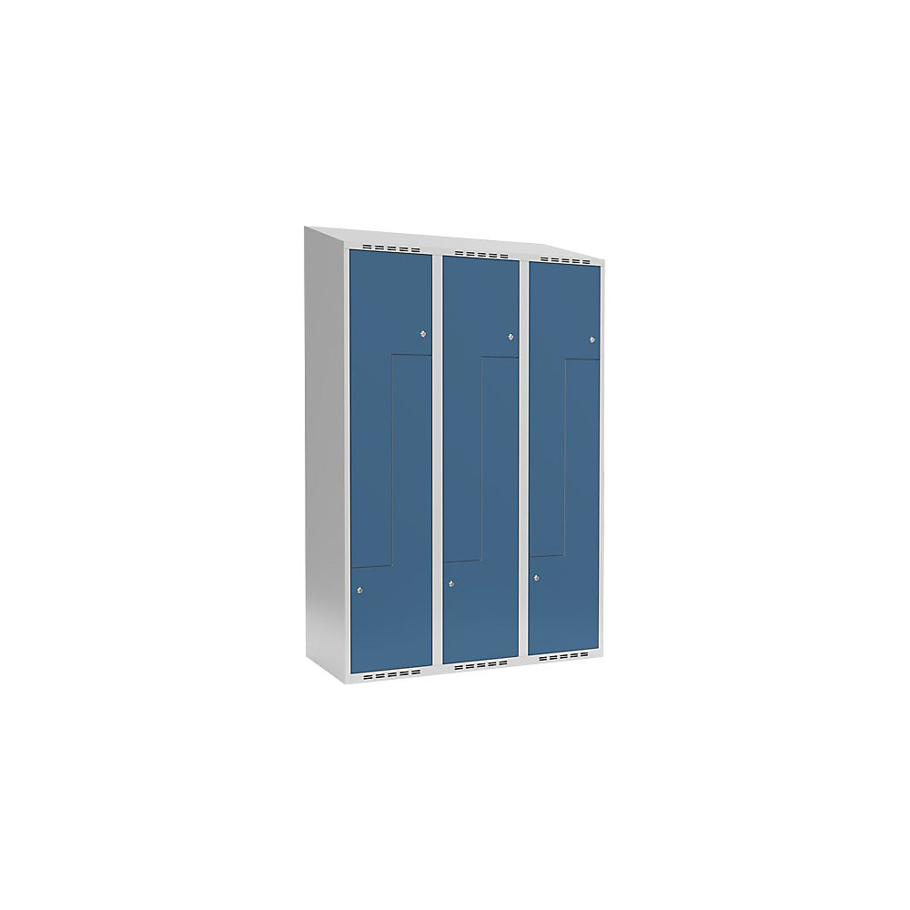 Taquilla para ropa Fydor, compartimentos en forma de Z, gris luminoso / azul brillante, A 1200 mm, 3 compartimentos, techo inclinado, cerradura de cilindro