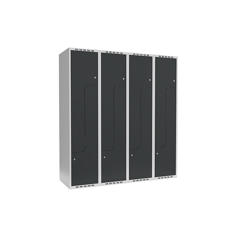 Taquilla para ropa Fydor, compartimentos en forma de Z, gris luminoso / gris, A 1200 mm, 4 compartimentos, techo plano, cerradura de cilindro