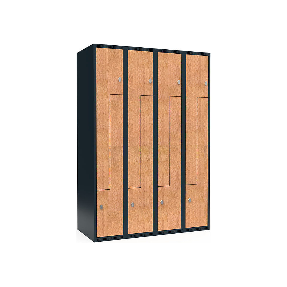 Taquilla para ropa Fydor, compartimentos en forma de Z, gris / roble, A 1200 mm, 4 compartimentos, techo plano, candado