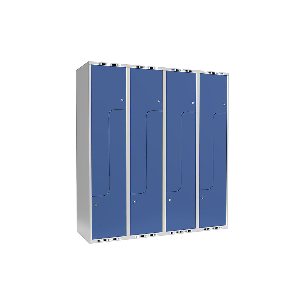 Taquilla para ropa Fydor, compartimentos en forma de Z, gris luminoso / azul brillante, A 1200 mm, 4 compartimentos, techo plano, cerradura de cilindro