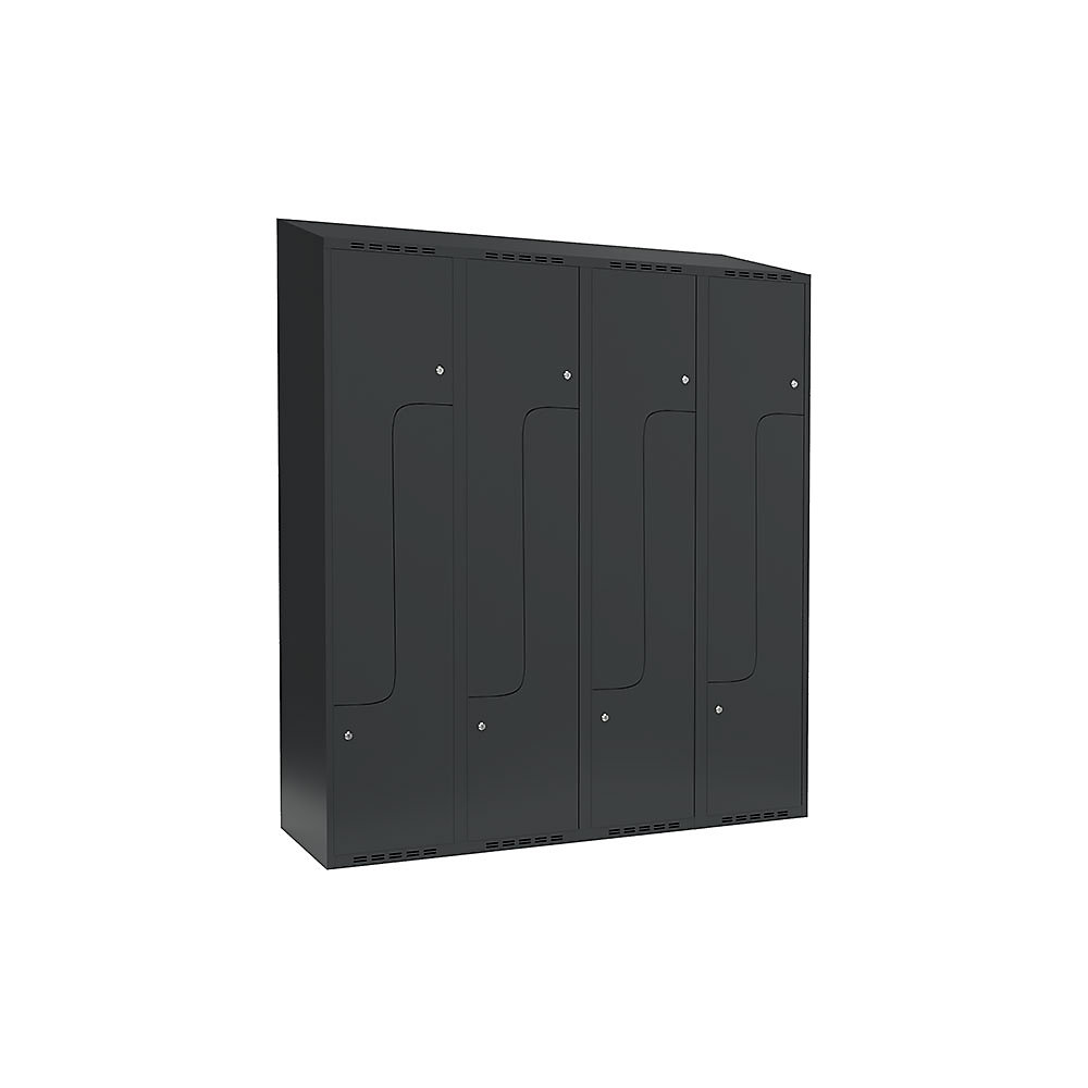 Taquilla para ropa Fydor, compartimentos en forma de Z, gris, A 1200 mm, 4 compartimentos, techo inclinado, cerradura de cilindro
