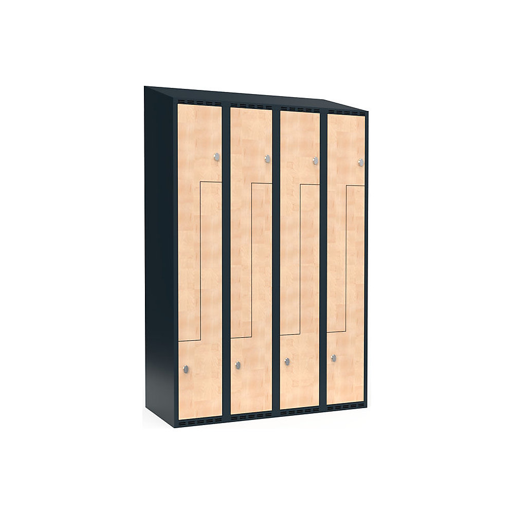 Taquilla para ropa Fydor, compartimentos en forma de Z, gris / abedul, A 1200 mm, 4 compartimentos, techo inclinado, candado