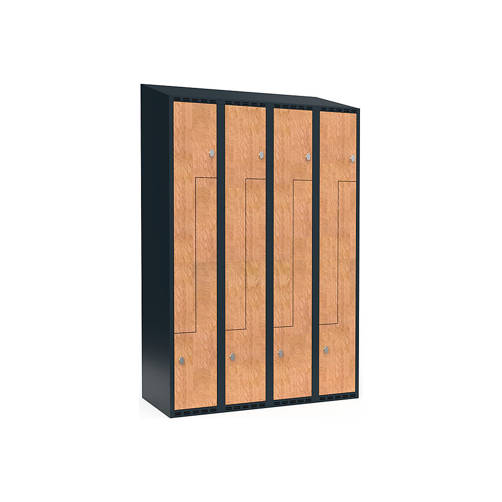 Taquilla para ropa Fydor, compartimentos en forma de Z, gris / roble, A 1200 mm, 4 compartimentos, techo inclinado, candado