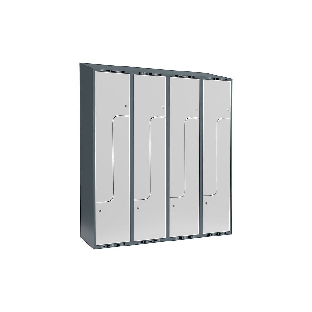 Taquilla para ropa Fydor, compartimentos en forma de Z, gris azulado / gris luminoso, A 1200 mm, 4 compartimentos, techo inclinado, cerradura de cilindro