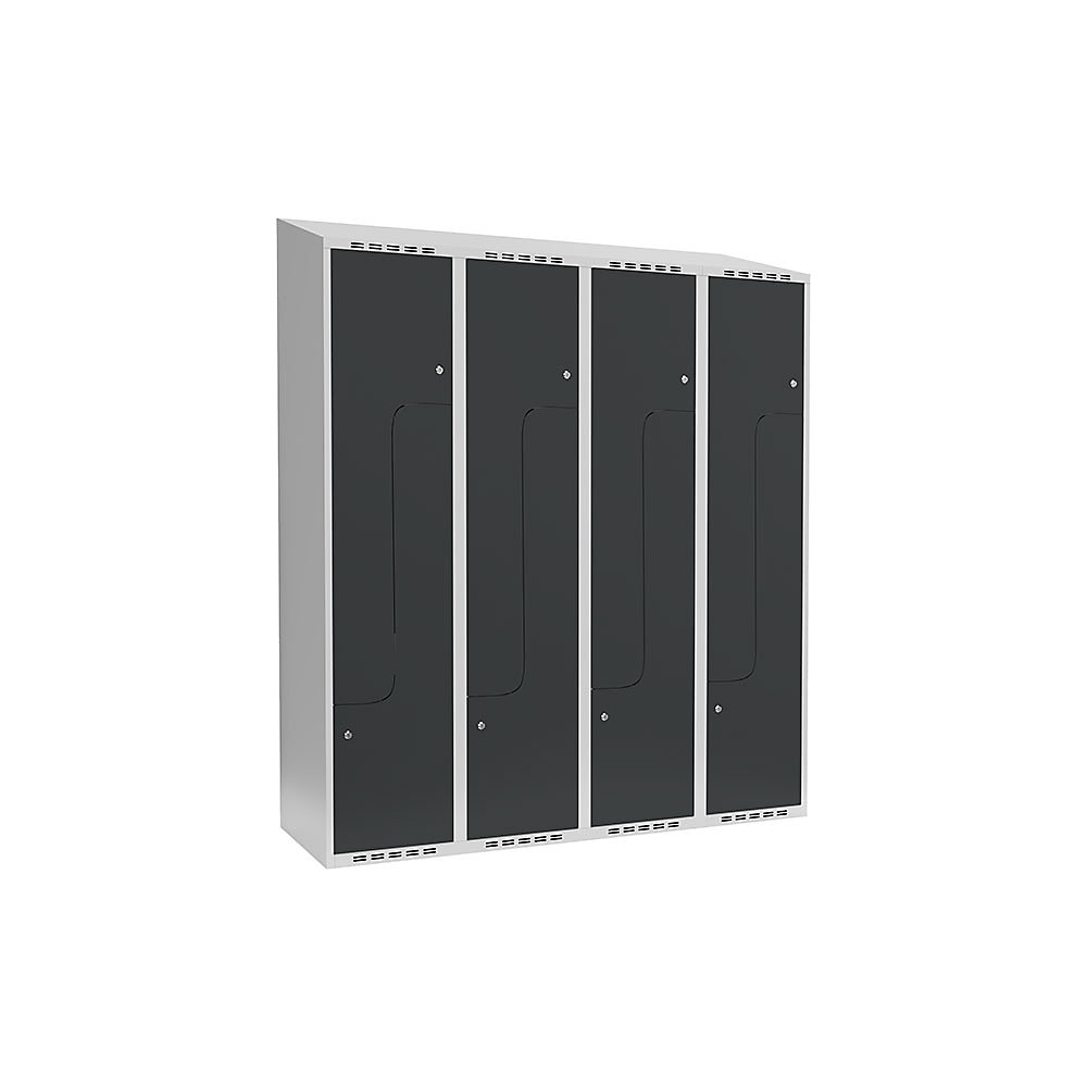 Taquilla para ropa Fydor, compartimentos en forma de Z, gris luminoso / gris, A 1200 mm, 4 compartimentos, techo inclinado, cerradura de cilindro