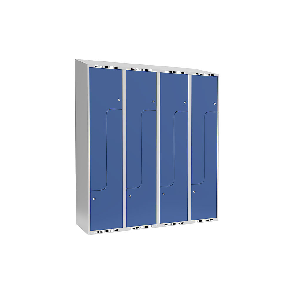 Taquilla para ropa Fydor, compartimentos en forma de Z, gris luminoso / azul brillante, A 1200 mm, 4 compartimentos, techo inclinado, cerradura de cilindro