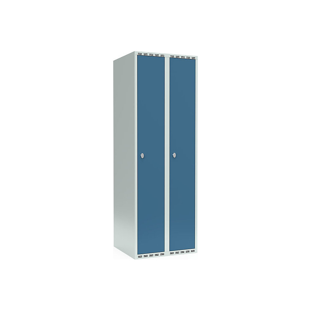 Garderobekast Fydor, 1 vak, lichtgrijs / briljantblauw, b = 600 mm, 2 compartimenten, platte bovenkant, hangslot