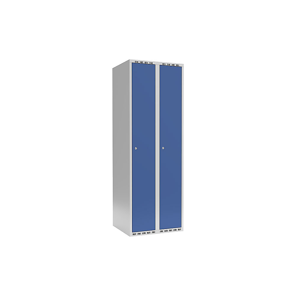 Garderobekast Fydor, 1 vak, lichtgrijs / briljantblauw, b = 600 mm, 2 compartimenten, platte bovenkant, cilinderslot