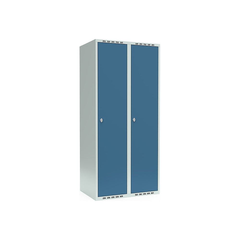 Garderobekast Fydor, 1 vak, lichtgrijs / briljantblauw, b = 800 mm, 2 compartimenten, platte bovenkant, hangslot