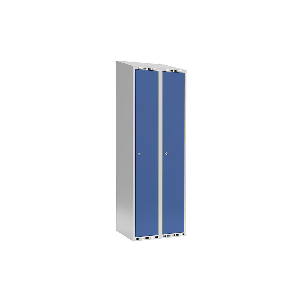 Garderobekast Fydor, 1 vak, lichtgrijs / briljantblauw, b = 600 mm, 2 compartimenten, schuine bovenkant, cilinderslot