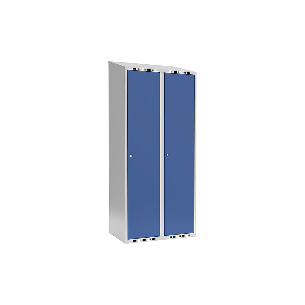 Garderobekast Fydor, 1 vak, lichtgrijs / briljantblauw, b = 800 mm, 2 compartimenten, schuine bovenkant, cilinderslot