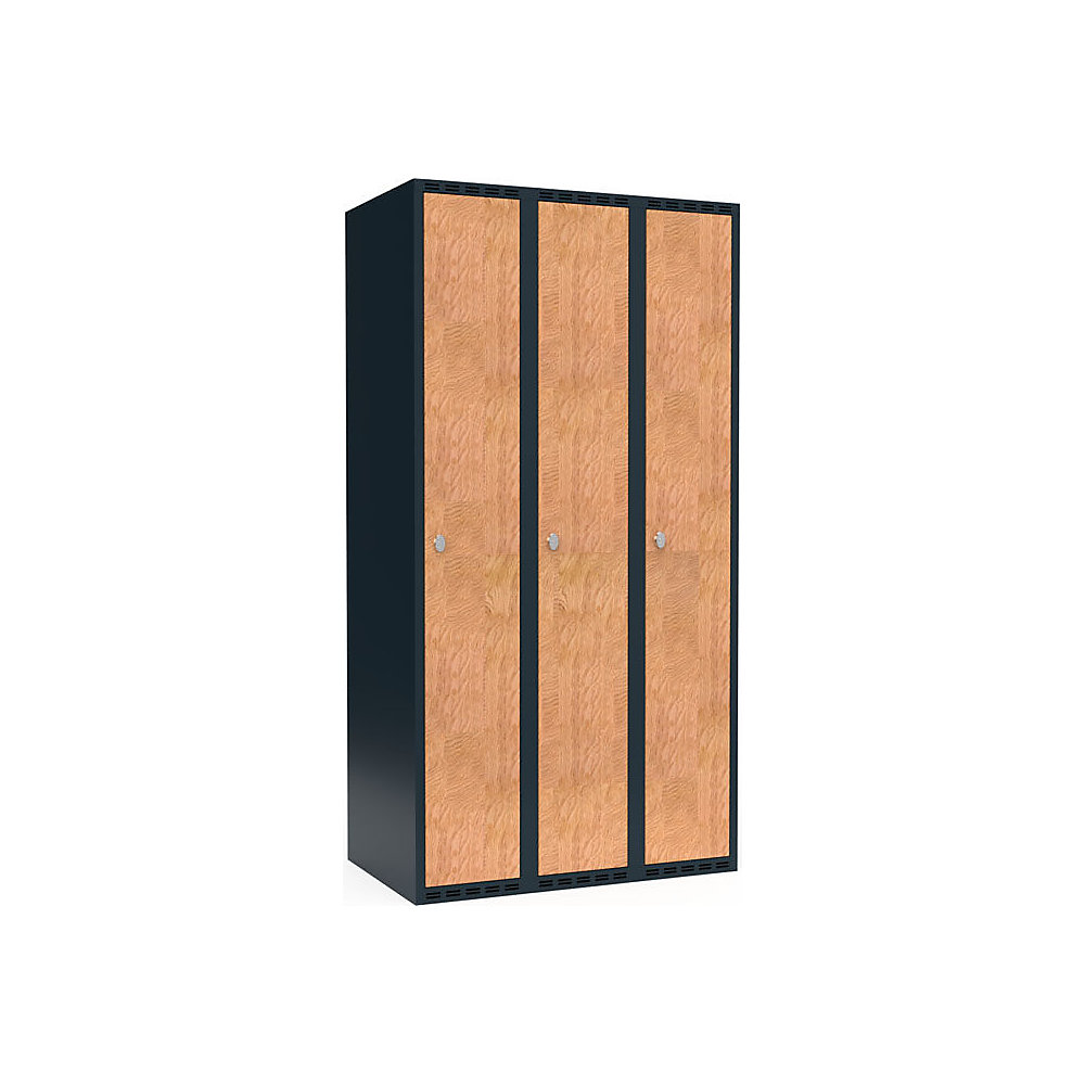 Garderobekast Fydor, 1 vak, grijs / eikenhout, b = 900 mm, 3 compartimenten, platte bovenkant, hangslot