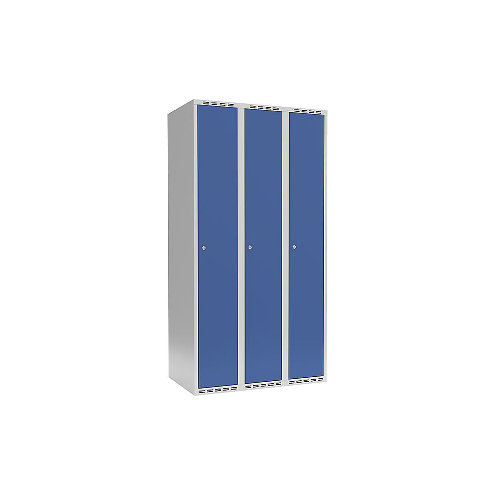 Garderobekast Fydor, 1 vak, lichtgrijs / briljantblauw, b = 900 mm, 3 compartimenten, platte bovenkant, cilinderslot
