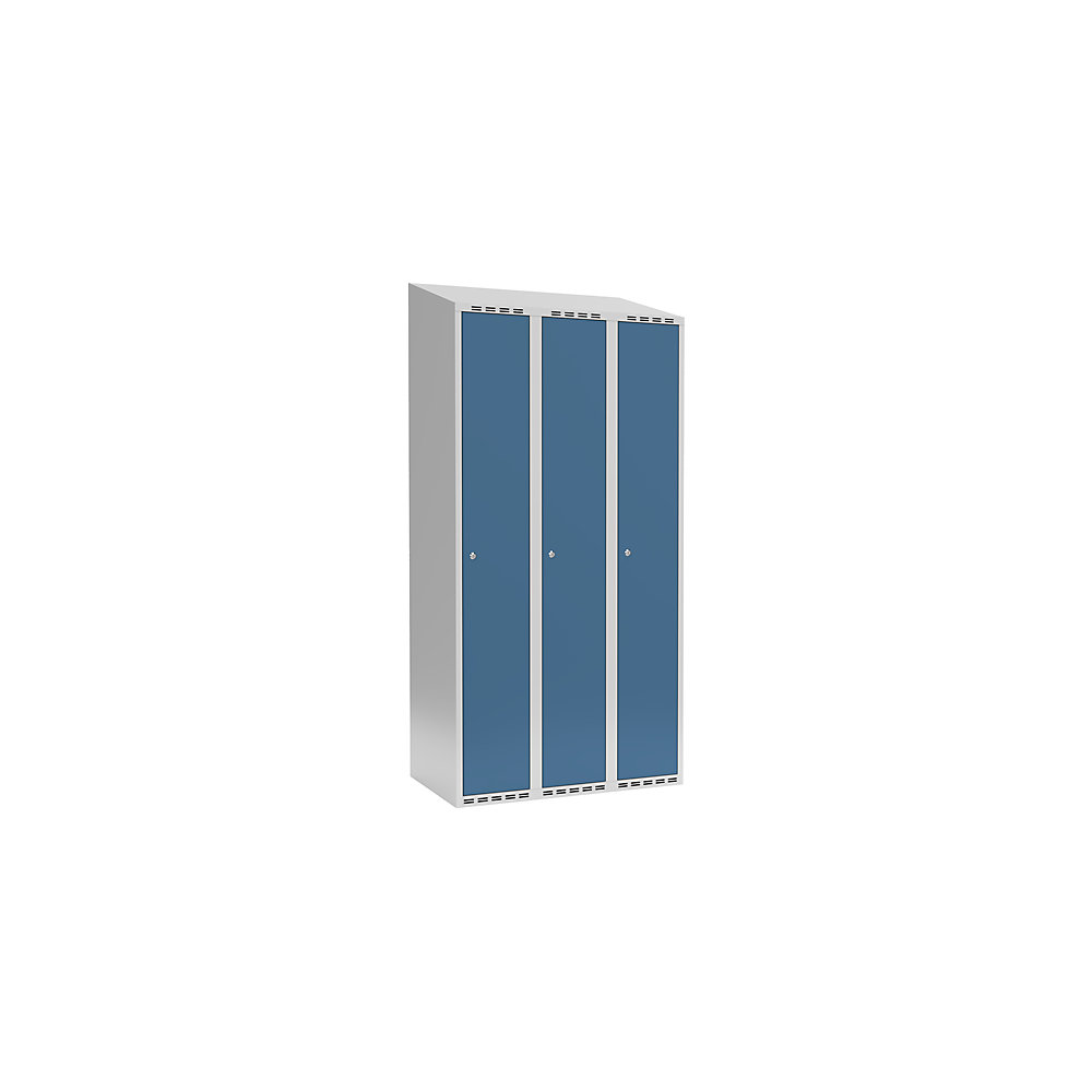 Taquilla para ropa Fydor, 1 compartimento, gris luminoso / azul brillante, A 900 mm, 3 compartimentos, techo inclinado, cerradura de cilindro