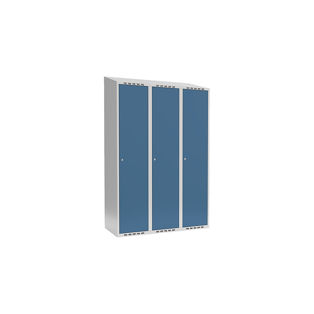 Taquilla para ropa Fydor, 1 compartimento, gris luminoso / azul brillante, A 1200 mm, 3 compartimentos, techo inclinado, cerradura de cilindro
