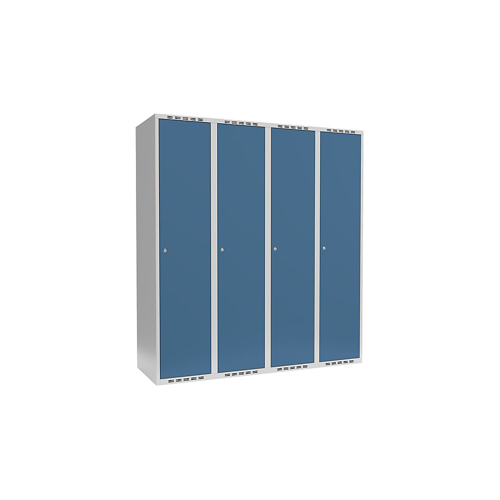 Taquilla para ropa Fydor, 1 compartimento, gris luminoso / azul brillante, A 1200 mm, 4 compartimentos, techo plano, cerradura de cilindro