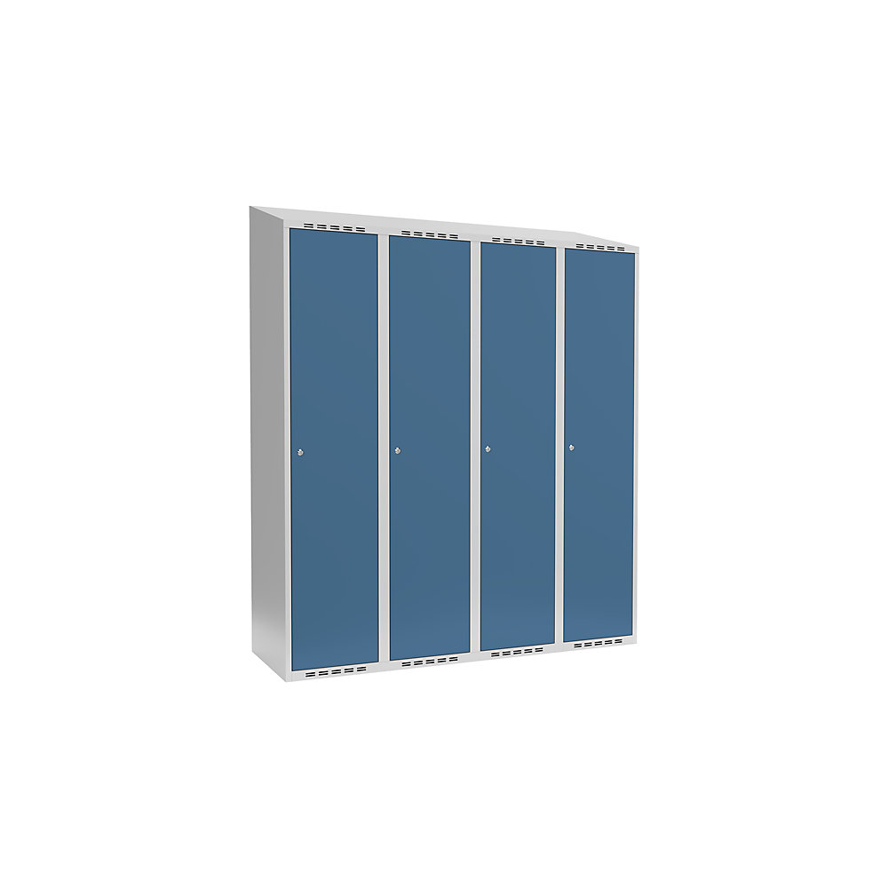 Taquilla para ropa Fydor, 1 compartimento, gris luminoso / azul brillante, A 1200 mm, 4 compartimentos, techo inclinado, cerradura de cilindro