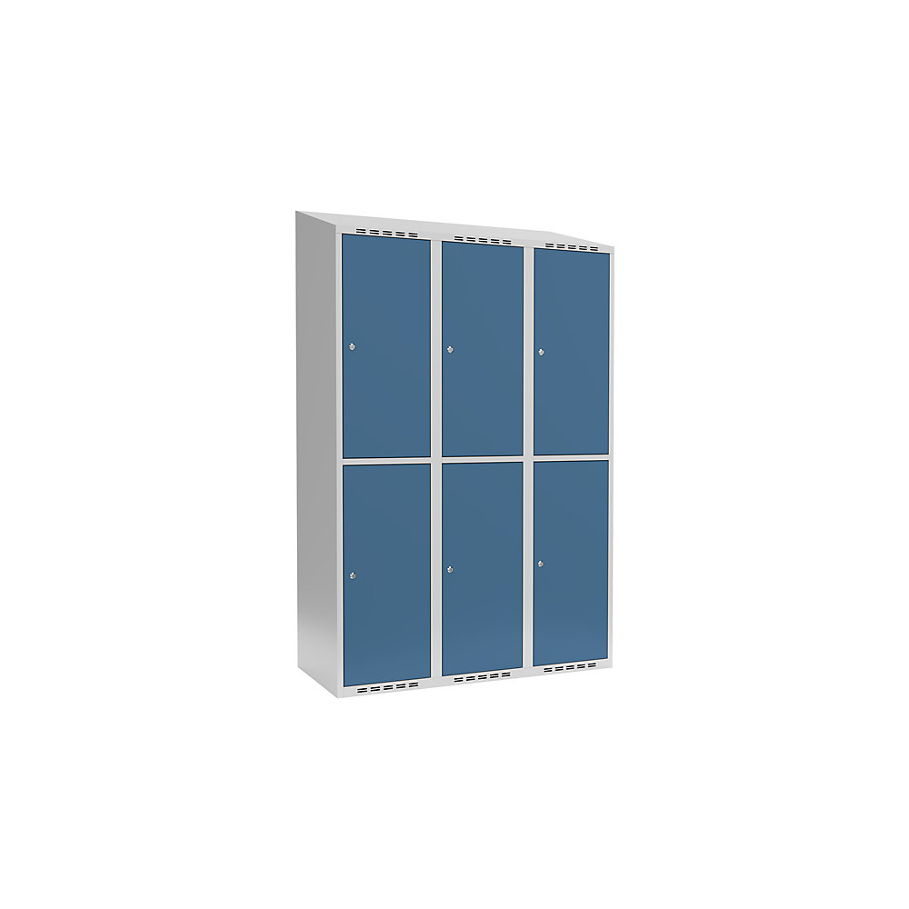 Taquilla para ropa Fydor, 2 compartimentos, gris luminoso / azul brillante, A 1200 mm, 3 compartimentos, techo inclinado, cerradura de cilindro