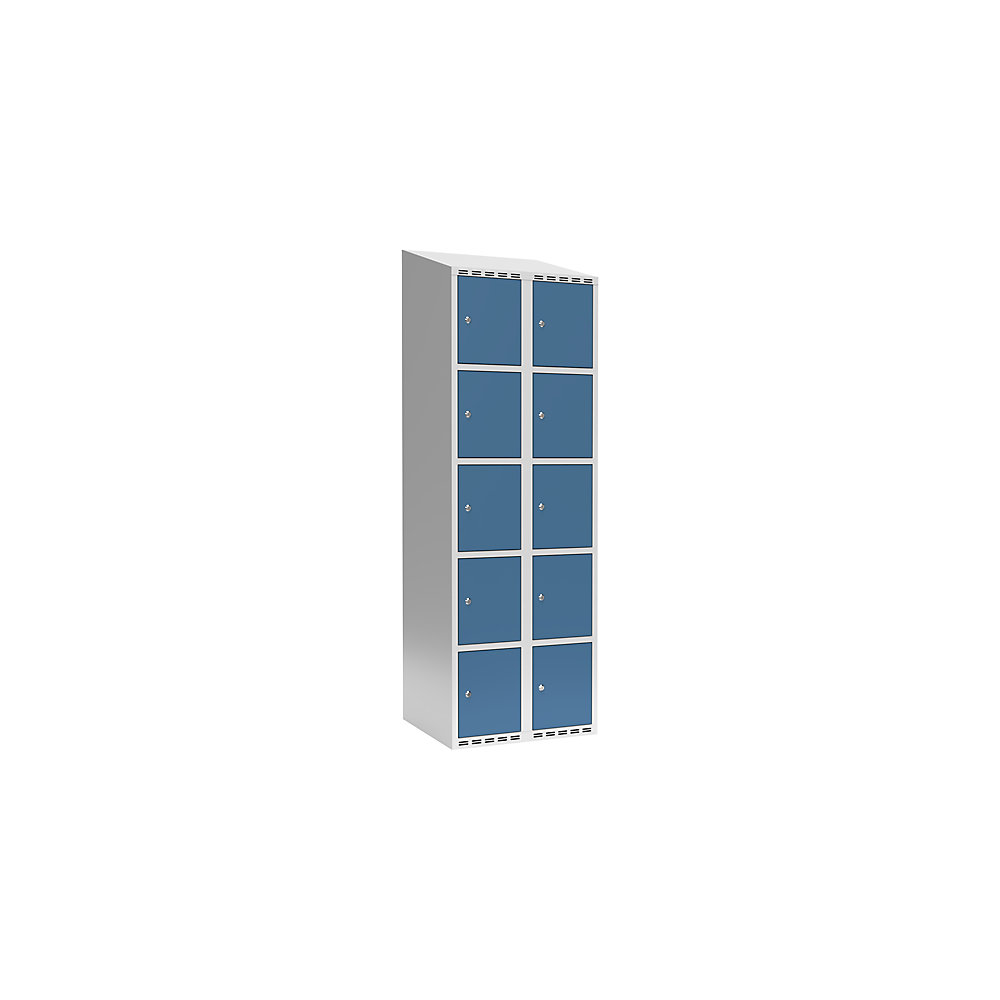 Armario de compartimentos bajo llave Fydor, 5 compartimentos, gris luminoso / azul brillante, A 600 mm, 2 compartimentos, techo inclinado, cerradura de cilindro