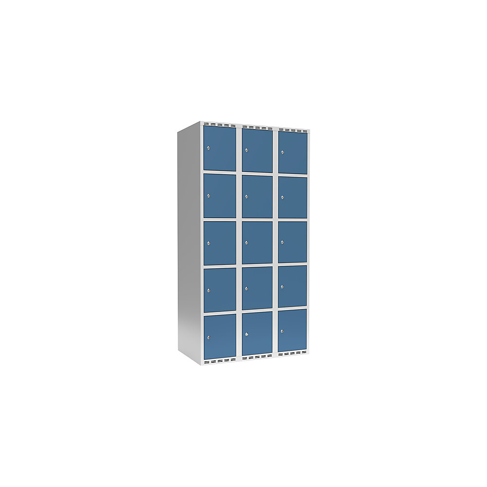 Armario de compartimentos bajo llave Fydor, 5 compartimentos, gris luminoso / azul brillante, A 900 mm, 3 compartimentos, techo plano, cerradura de cilindro