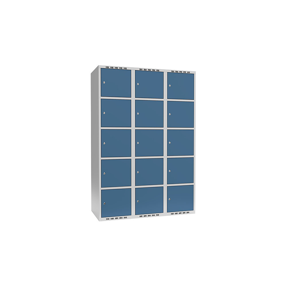 Armario de compartimentos bajo llave Fydor, 5 compartimentos, gris luminoso / azul brillante, A 1200 mm, 3 compartimentos, techo plano, cerradura de cilindro
