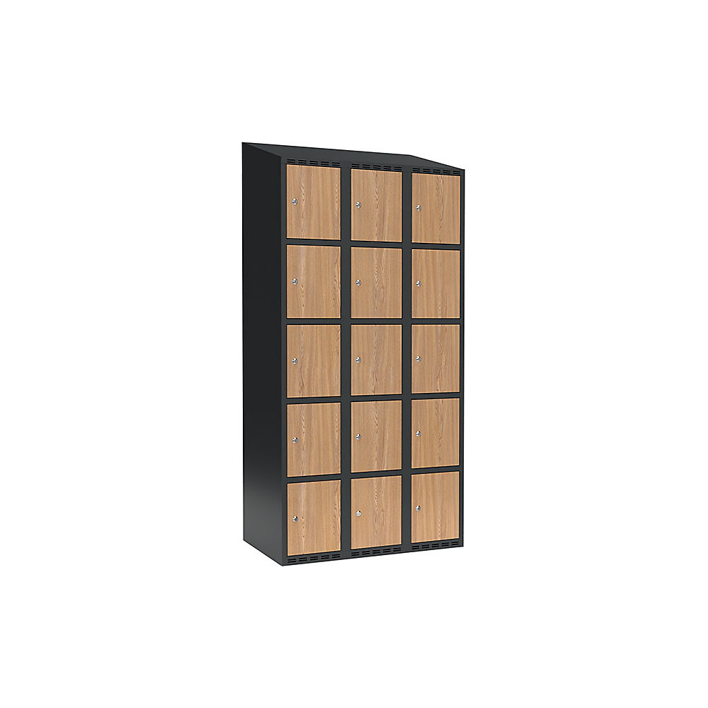 Armario de compartimentos bajo llave Fydor, 5 compartimentos, gris / roble, A 900 mm, 3 compartimentos, techo inclinado, cerradura de cilindro