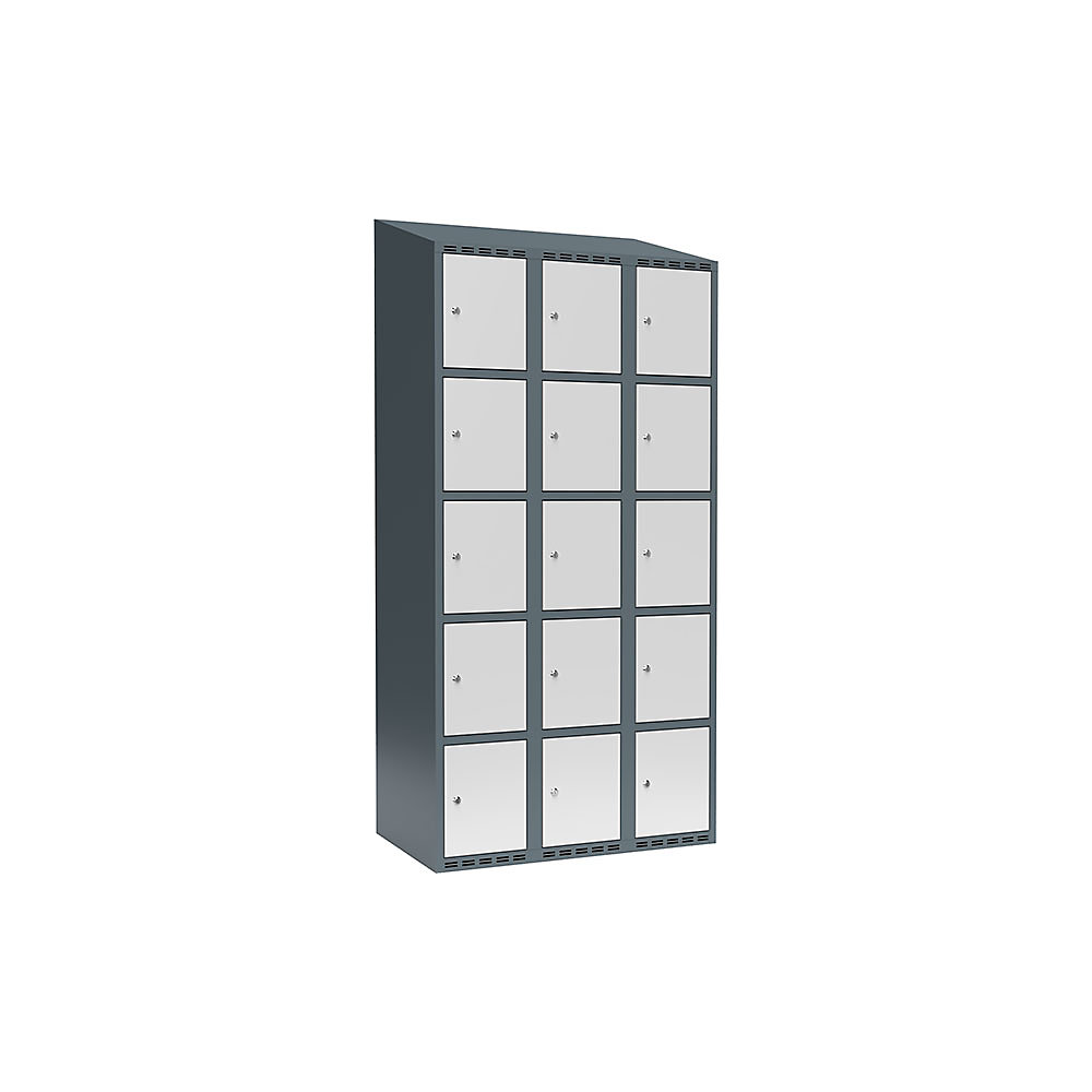 Armario de compartimentos bajo llave Fydor, 5 compartimentos, gris azulado / gris luminoso, A 900 mm, 3 compartimentos, techo inclinado, cerradura de cilindro