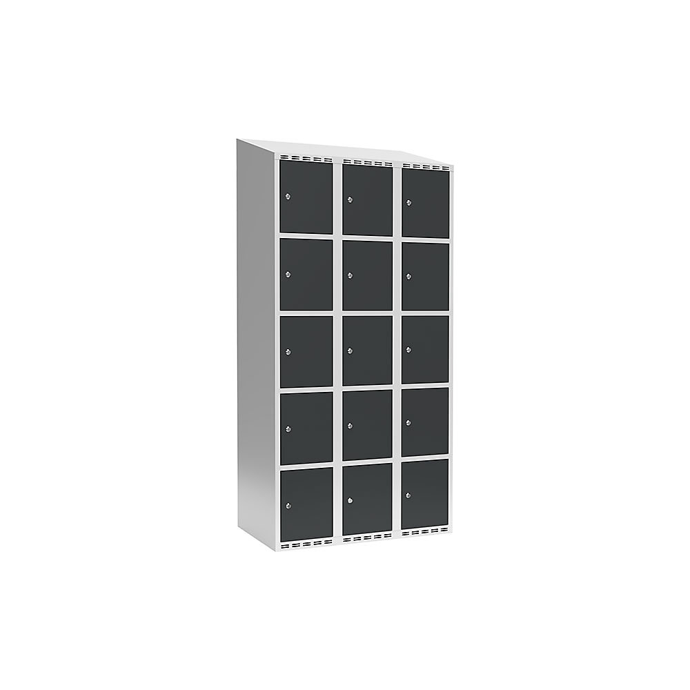 Armario de compartimentos bajo llave Fydor, 5 compartimentos, gris luminoso / gris, A 900 mm, 3 compartimentos, techo inclinado, cerradura de cilindro