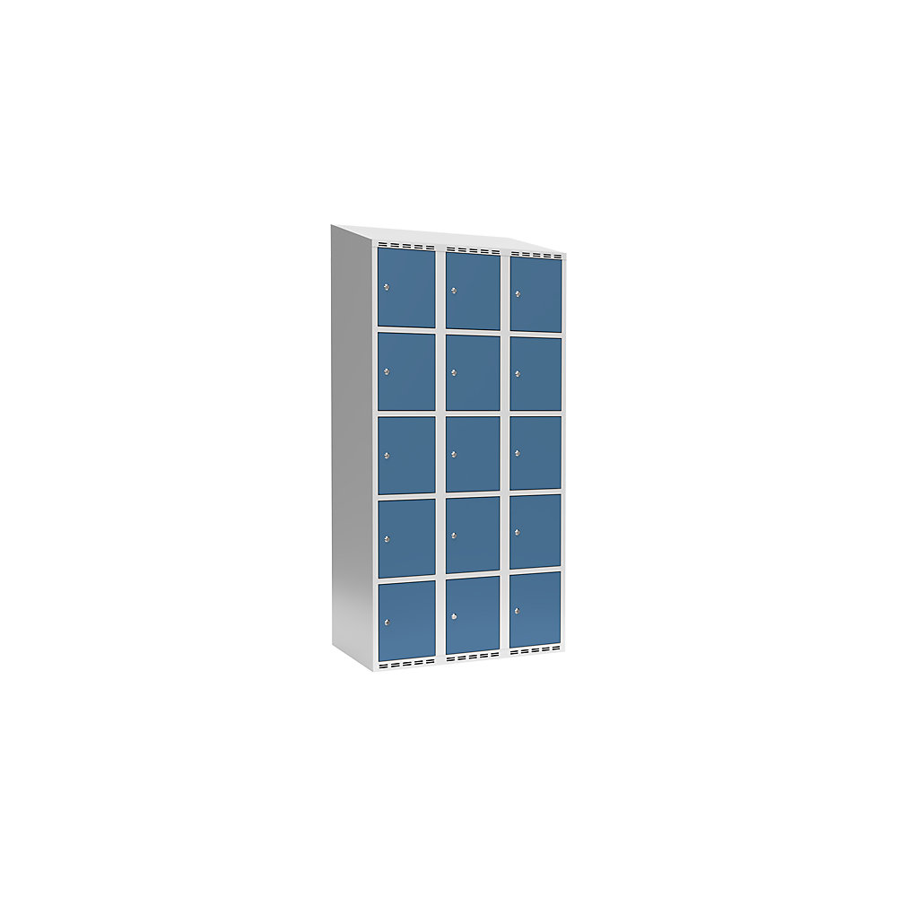 Armario de compartimentos bajo llave Fydor, 5 compartimentos, gris luminoso / azul brillante, A 900 mm, 3 compartimentos, techo inclinado, cerradura de cilindro