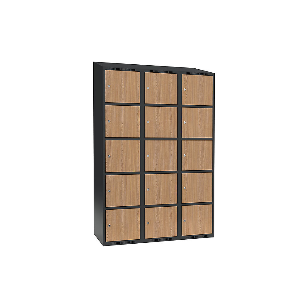 Armario de compartimentos bajo llave Fydor, 5 compartimentos, gris / roble, A 1200 mm, 3 compartimentos, techo inclinado, cerradura de cilindro