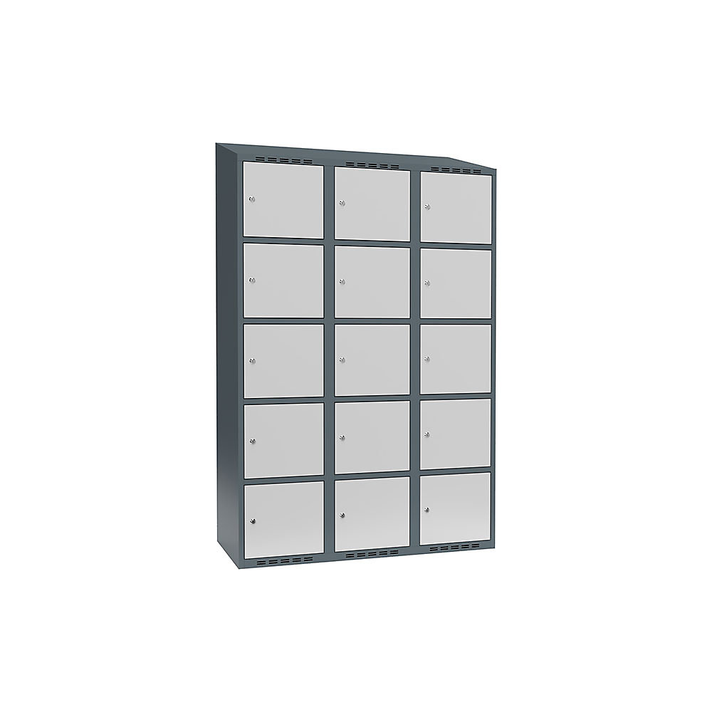 Armario de compartimentos bajo llave Fydor, 5 compartimentos, gris azulado / gris luminoso, A 1200 mm, 3 compartimentos, techo inclinado, cerradura de cilindro