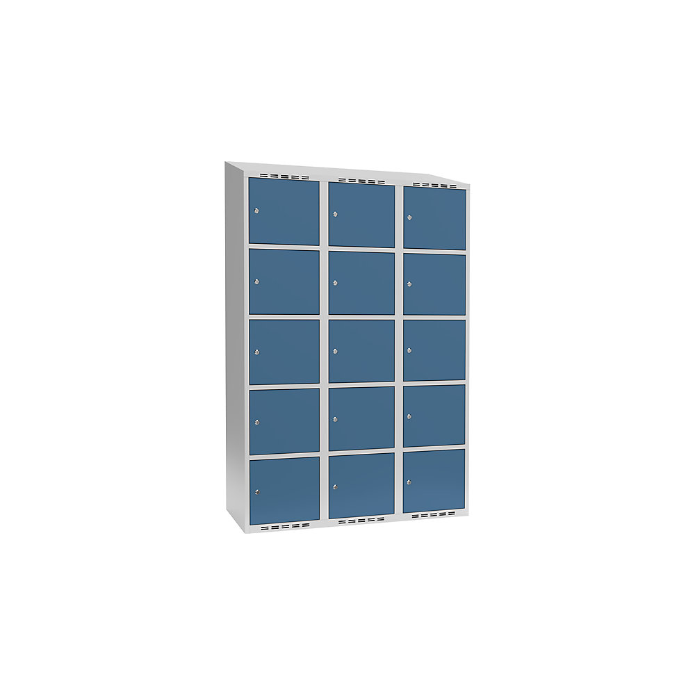 Armario de compartimentos bajo llave Fydor, 5 compartimentos, gris luminoso / azul brillante, A 1200 mm, 3 compartimentos, techo inclinado, cerradura de cilindro