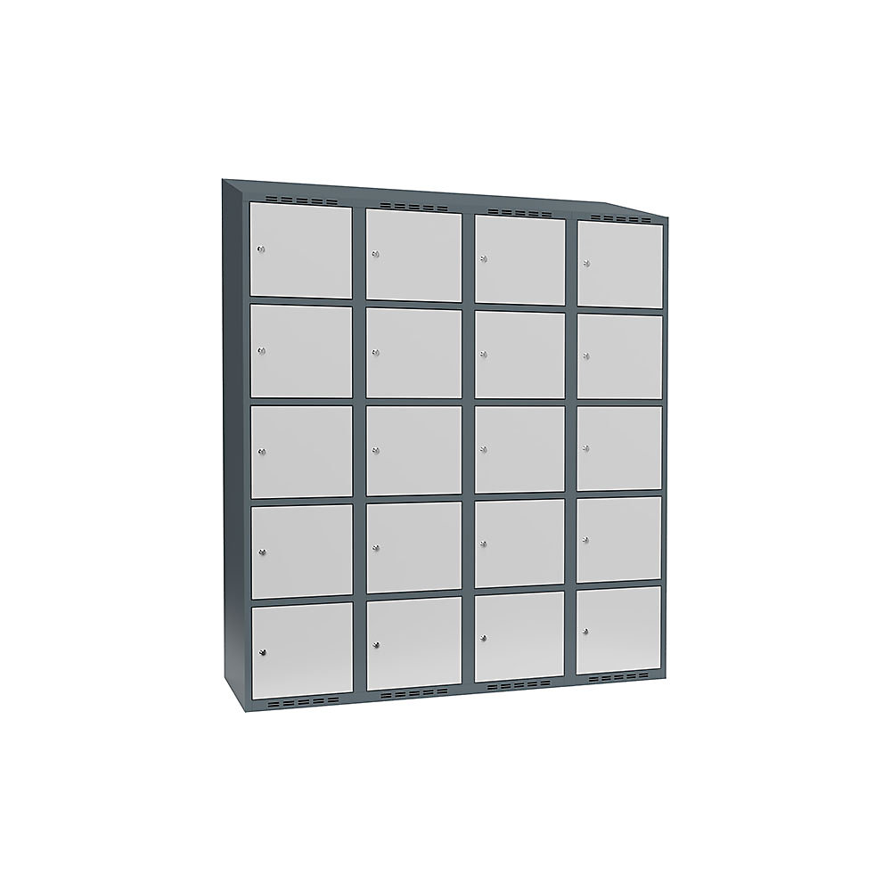 Armario de compartimentos bajo llave Fydor, 5 compartimentos, gris azulado / gris luminoso, A 1200 mm, 4 compartimentos, techo inclinado, cerradura de cilindro