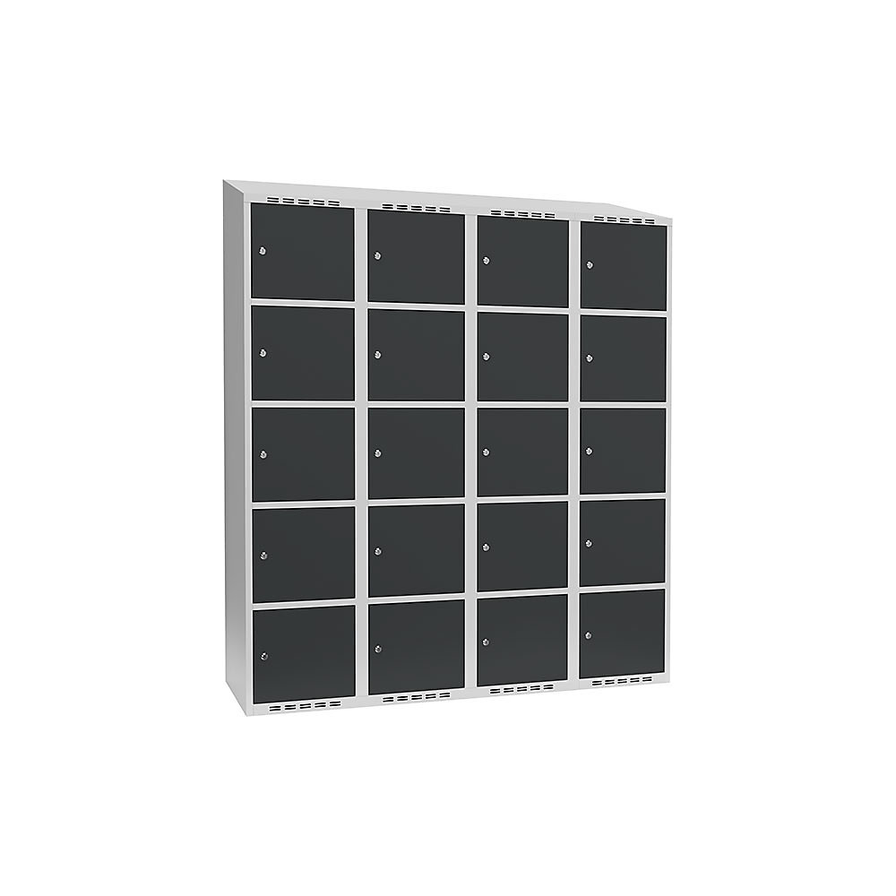 Armario de compartimentos bajo llave Fydor, 5 compartimentos, gris luminoso / gris, A 1200 mm, 4 compartimentos, techo inclinado, cerradura de cilindro