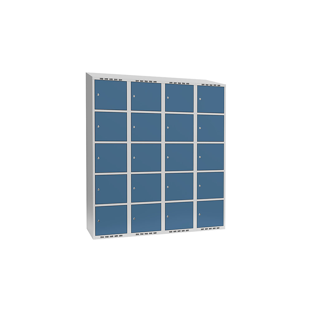 Armario de compartimentos bajo llave Fydor, 5 compartimentos, gris luminoso / azul brillante, A 1200 mm, 4 compartimentos, techo inclinado, cerradura de cilindro