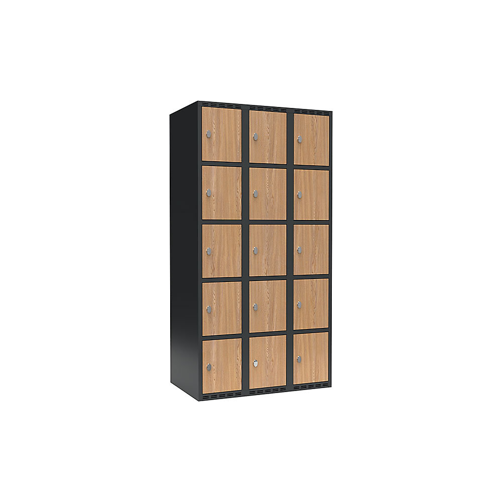 Lockerkast Fydor, 5 vakken, grijs / eikenhout, b = 900 mm, 3 compartimenten, platte bovenkant, hangslot