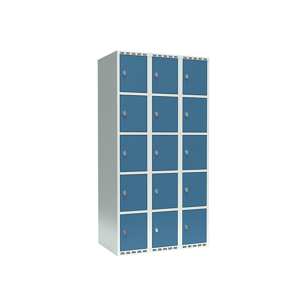Lockerkast Fydor, 5 vakken, lichtgrijs / briljantblauw, b = 900 mm, 3 compartimenten, platte bovenkant, hangslot