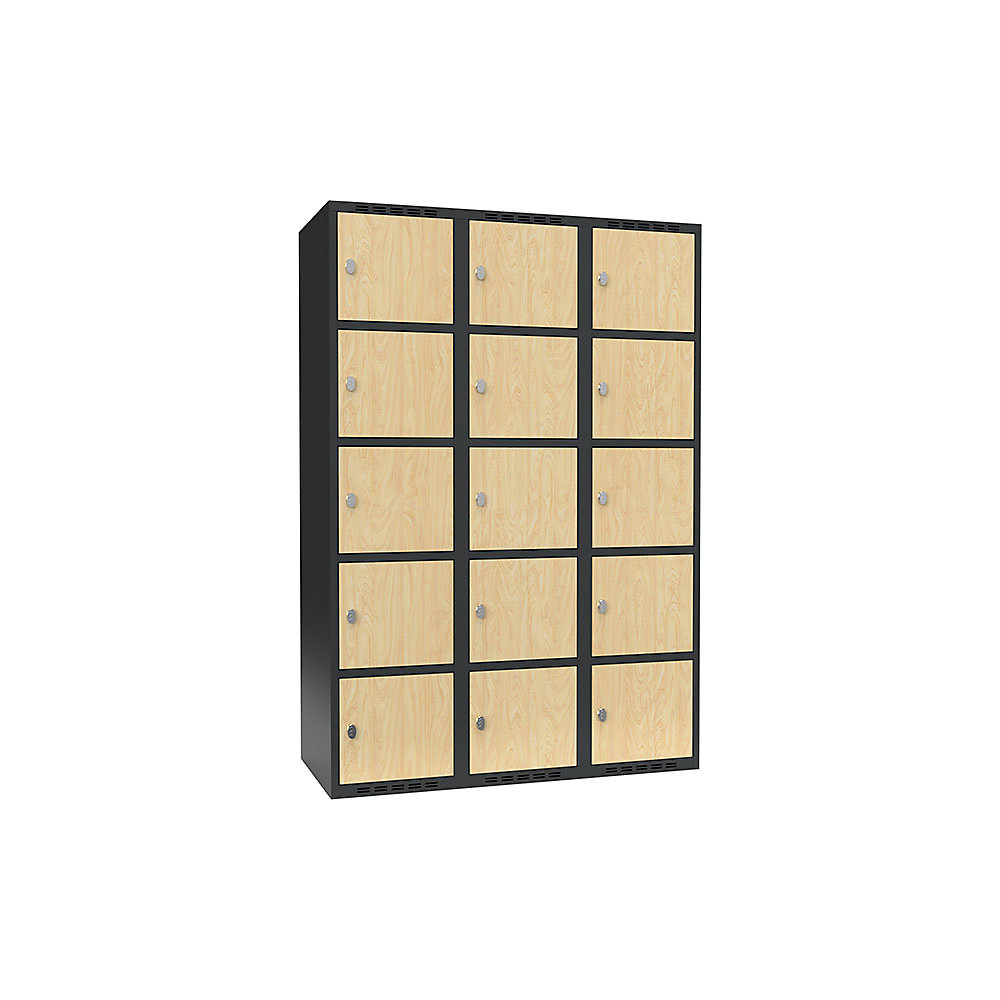 Armario de compartimentos bajo llave Fydor, 5 compartimentos, gris / abedul, A 1200 mm, 3 compartimentos, techo plano, candado