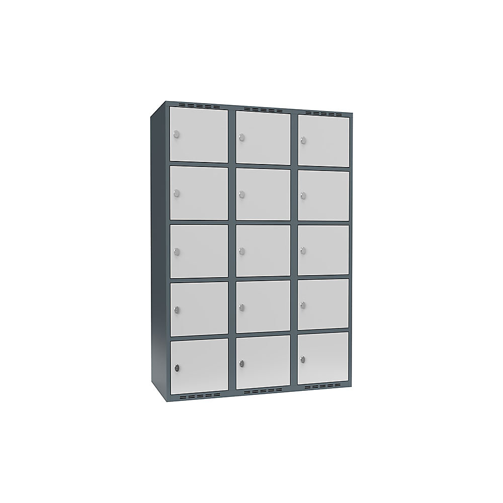Armario de compartimentos bajo llave Fydor, 5 compartimentos, gris azulado / gris luminoso, A 1200 mm, 3 compartimentos, techo plano, candado