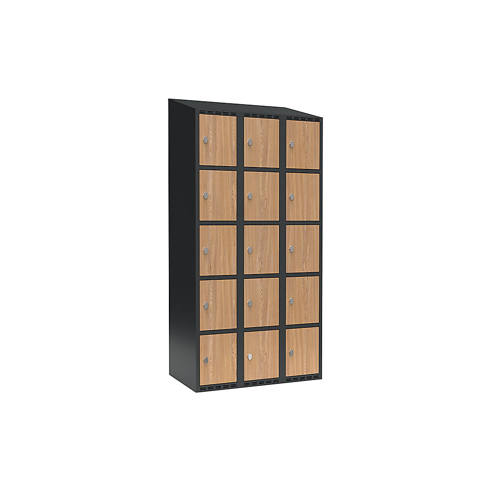 Armario de compartimentos bajo llave Fydor, 5 compartimentos, gris / roble, A 900 mm, 3 compartimentos, techo inclinado, candado