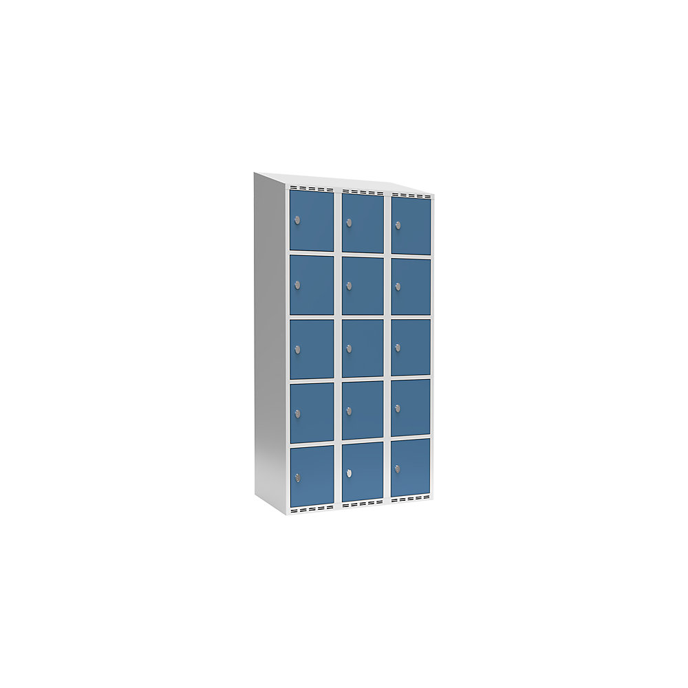 Armario de compartimentos bajo llave Fydor, 5 compartimentos, gris luminoso / azul brillante, A 900 mm, 3 compartimentos, techo inclinado, candado