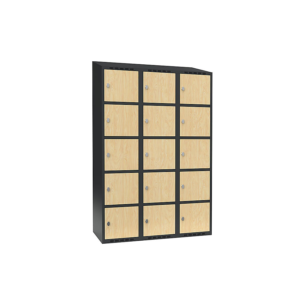 Armario de compartimentos bajo llave Fydor, 5 compartimentos, gris / abedul, A 1200 mm, 3 compartimentos, techo inclinado, candado