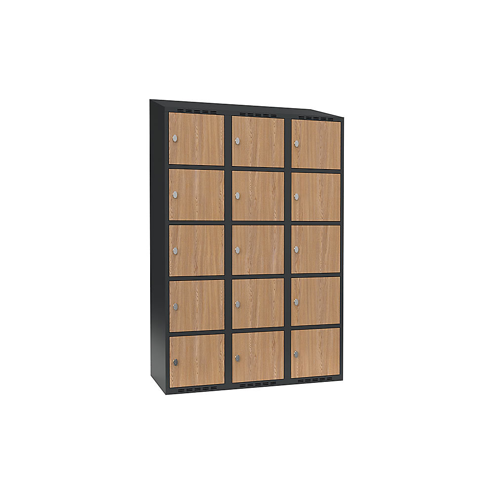 Armario de compartimentos bajo llave Fydor, 5 compartimentos, gris / roble, A 1200 mm, 3 compartimentos, techo inclinado, candado